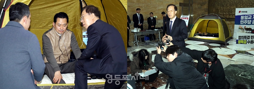 ▲이석연 국민통합위원장이 21일 단식 농성중인 장동혁 국민의힘 대표를 찾아 대화를 나누고(왼쪽), 이어 기자들에게 견해를 밝히고 있다. (오른쪽) ⓒ영등포시대 