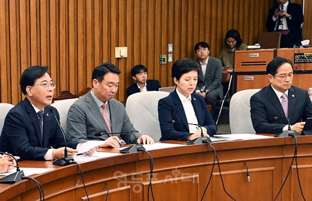 송언석 원내대표(왼쪽)가 31일 국회에서 열린 원내대책회의 모두 발언에서 이재명 정부의 부동산 정책에 대해 강하게 비판하고 있다.Ⓒ영등포시대