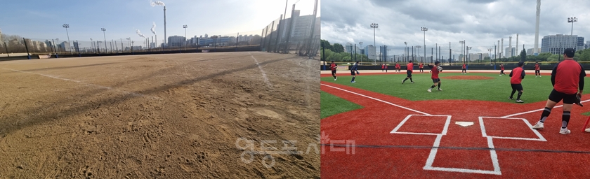 ▲영등포구 양평누리체육공원 성인 야구장 개선 전(왼쪽)과 개선 후 야구장을 이용하고 있는 모습 ⓒ영등포구