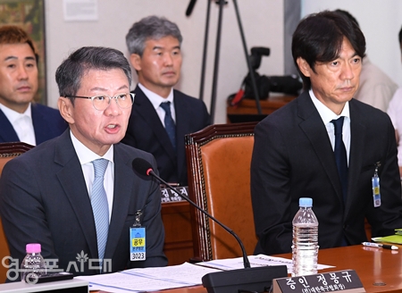 ▲7월 30일 국회에서 열린 대한축구협회 현안 관련 청문회에 출석한 정몽규 전 축구협회 회장이 의원의 질의에 답변하고 있다. ⓒ영등포시대