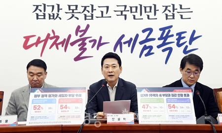 ▲장동혁 대표(가운데)가 “밤마다 SNS에 글을 올려 가만히 있던 집 값을 들쑤셔놓은 사람이 바로 이재명 대통령”이라며 강하게 비판하고 있다. ⓒ영등포시대