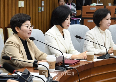 ▲임이자 정책위의장(왼쪽)이 10월 13일 국정감사 대책회의 모두발언에서 정동영 통일부 장관과 이종석 국가정보원장을 즉각 경질하라”고 촉구하고 있다. ⓒ영등포시대