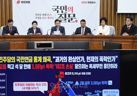 ▲정점식 국민의힘 원내대표(가운데)가 23일 국회에서 열린 국정감사 대책회의에서 이재명 대통령을 향해 작심 발언을 쏟아내고 있다. ⓒ영등포시대