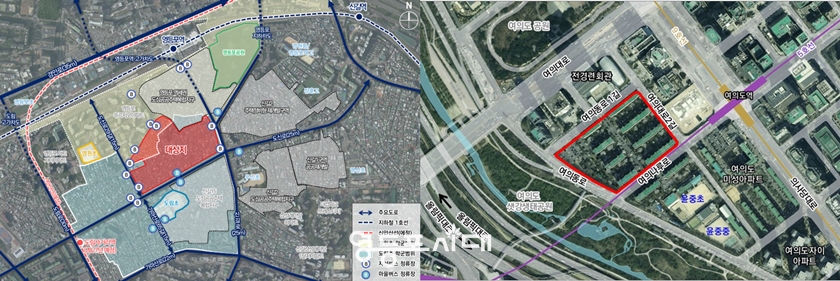 ▲도림1구역 위치도(왼쪽)와 여의도 광장아파트 위치도(오른쪽)/이미지=서우리 제공