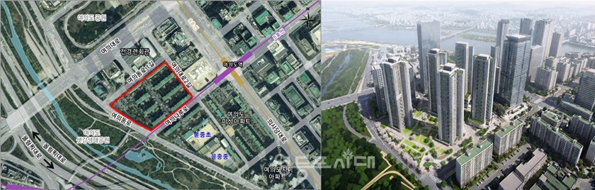 ▲ 여의도 광장아파트 28 위치도(왼쪽)와 정비사업 조감도(오른쪽)/이미지=영등포구 제동