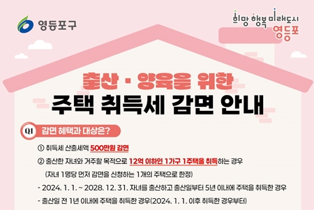 ▲출산, 양육 가구를 위한 주택 취득세 감면 안내 포스터/영등포구 제공